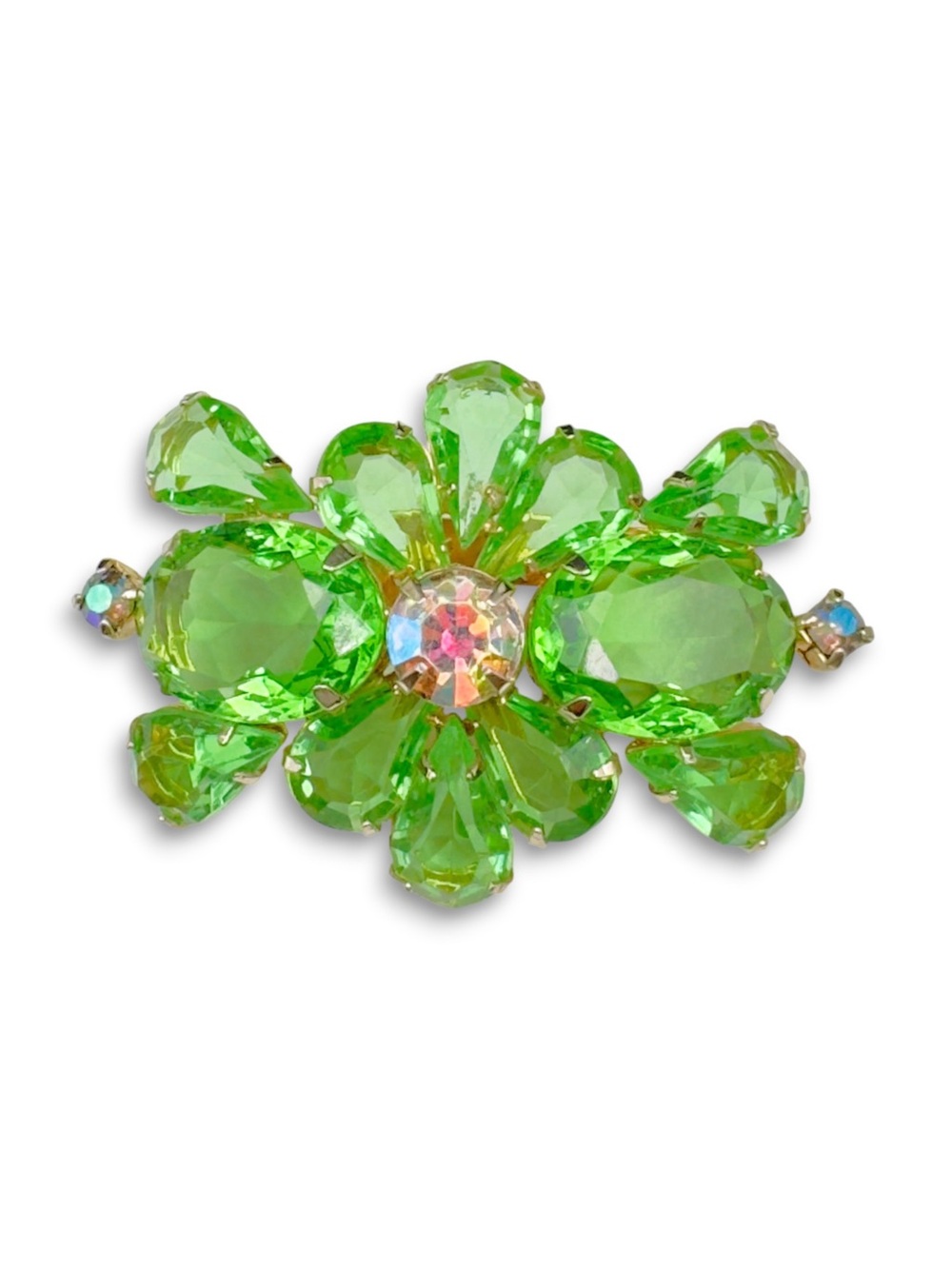 Vintage Peridot Green Glass & AB Rhinestone Flower Brooch
